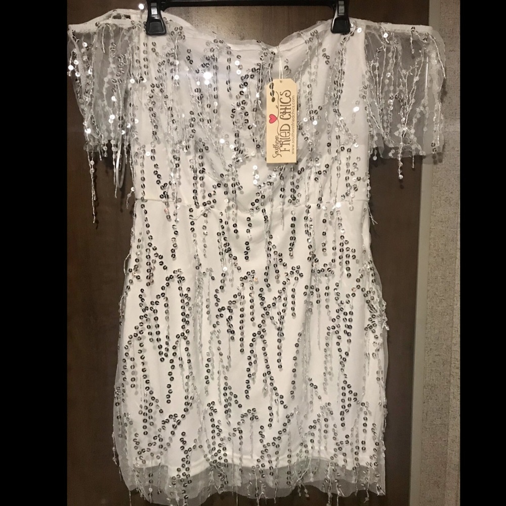 SFC off the shoulder white sequin dress
